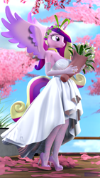 Size: 2160x3840 | Tagged: safe, artist:antonsfms, princess cadance, alicorn, anthro, plantigrade anthro, canterlot wedding 10th anniversary, 3d, beautiful, canterlot, clothes, cute, day, dress, feet, flower, flower in hair, garden, gloves, glowing, glowing eyes, high heels, jewelry, marriage, open-toed shoes, outdoors, park, ring, shoes, solo, spread wings, stockings, thigh highs, toes, wedding, wedding dress, wedding ring, wind, wings