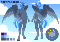 Size: 1644x1161 | Tagged: safe, artist:scarlet-spectrum, oc, oc only, oc:silver sparkle, pegasus, anthro, unguligrade anthro, barbie doll anatomy, belly button, reference sheet, solo