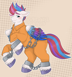 Size: 2526x2672 | Tagged: safe, artist:gooeygaster, zipp storm, pegasus, pony, g5, bound wings, chained, chains, clothes, commission, cuffed, cuffs, embarrassed, high res, jumpsuit, looking away, never doubt rainbowdash69's involvement, prison outfit, prisoner zipp, shackles, solo, unshorn fetlocks, wings