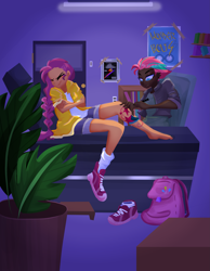 Size: 3111x4000 | Tagged: safe, artist:windywendy29, sunny starscout, zipp storm, human, g5, bag, barefoot, book, chair, clothes, cutie mark tattoo, dark skin, dirt, duo, ear piercing, earring, eyebrow piercing, eyes closed, feet, female, hoodie, humanized, jacket, jewelry, leather jacket, nose piercing, one shoe off, partially undressed, piercing, plant, poster, potted plant, shirt, shoes, shorts, sneakers, socks, step, stool, t-shirt, table, tattoo, tattoo artist