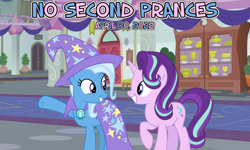 Size: 2064x1242 | Tagged: safe, artist:caliazian, artist:not-yet-a-brony, starlight glimmer, trixie, pony, unicorn, g4, no second prances, 2022, april, brooch, cape, clothes, female, friends, friendship, guidance counselor, hallway, hat, headmare starlight, jewelry, mare, school of friendship, trixie's brooch, trixie's cape, trixie's hat, youtube link in the description