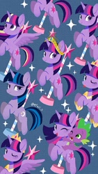 Size: 474x843 | Tagged: safe, artist:efuji_d, spike, twilight sparkle, twilight twinkle, alicorn, dragon, pony, unicorn, g3, g4, big crown thingy, carousel, crown, dragons riding ponies, element of magic, female, jewelry, male, mare, multeity, one eye closed, open mouth, open smile, peytral, phone wallpaper, rainbow power, regalia, riding, smiling, sparkle sparkle sparkle, spike riding twilight, tiled background, tongue out, twilight sparkle (alicorn), unicorn twilight