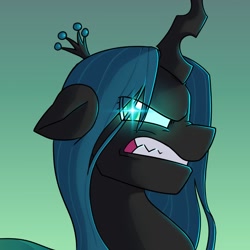 Size: 1080x1080 | Tagged: safe, artist:beefgummies, queen chrysalis, changeling, changeling queen, canterlot wedding 10th anniversary, g4, angry, crown, ears back, female, glowing, glowing eyes, gradient background, gritted teeth, jewelry, looking at you, profile, regalia, sharp teeth, solo, teeth