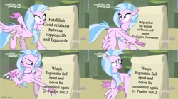 Size: 888x499 | Tagged: safe, edit, silverstream, hippogriff, g4, g5 collapse of equestria, g5 drama, gru's plan, meme, op has a point, silverstream's plan, solo, text edit