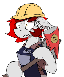 Size: 1257x1515 | Tagged: safe, artist:reddthebat, oc, oc only, oc:reddthebat, bat pony, pony, axe, bat pony oc, bat wings, bulletproof vest, clothes, ear fluff, female, freckles, hard hat, hat, mare, project zomboid, shirt, simple background, solo, transparent background, weapon, wings