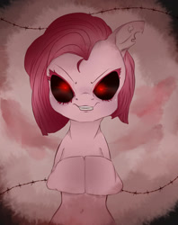 Size: 1012x1280 | Tagged: safe, artist:jasuu-nyan, pinkie pie, earth pony, pony, g4, black sclera, bust, evil smile, female, glowing, glowing eyes, grin, mare, pinkamena diane pie, smiling, solo