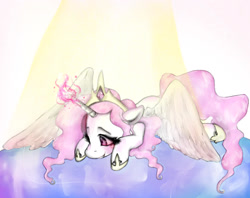 Size: 1280x1012 | Tagged: safe, artist:jasuu-nyan, princess celestia, alicorn, pony, g4, female, glowing, glowing horn, hoof shoes, horn, mare, pink-mane celestia, solo, young celestia