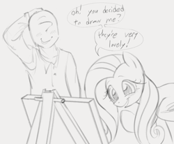 Size: 1011x835 | Tagged: safe, artist:dotkwa, fluttershy, oc, oc:anon, human, pegasus, pony, g4, arm behind head, blushing, dialogue, duo, easel, female, fluttershy day, gray background, grayscale, male, mare, monochrome, painting, simple background, sketch, speech bubble