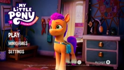 Size: 1920x1080 | Tagged: safe, screencap, sunny starscout, earth pony, pony, g5, my little pony: a maretime bay adventure, bag, female, game, game screencap, logo, mare, room, saddle bag, spoiler, sunny starscout's bedroom