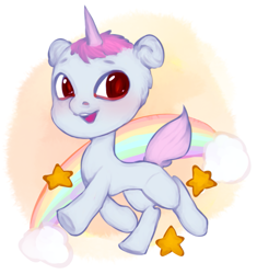 Size: 915x972 | Tagged: safe, artist:jasuu-nyan, oc, oc only, pony, unicorn, blushing, female, horn, mare, rainbow, smiling, solo, stars, unicorn oc