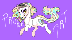 Size: 2048x1152 | Tagged: safe, artist:jasuu-nyan, oc, oc only, earth pony, pony, earth pony oc, female, mare, mouth hold, paintbrush, purple background, simple background, solo