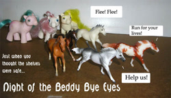 Size: 700x401 | Tagged: safe, artist:marbletoast, baby half note, baby lofty, baby sundance, earth pony, horse, pegasus, pony, g1, 2006, baby, baby hawwlf note, baby loftybetes, baby pony, baby sundawwnce, beddy bye eye baby ponies, breyer, crossover, cute, female, filly, foal, imminent assimilation, irl, irl toy, jah sp gray, join the herd, photo, sm hidalgo, text, toy, trio, welcome to the herd, white text