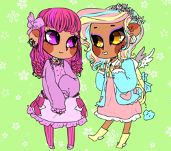 Size: 1166x1024 | Tagged: safe, artist:jasuu-nyan, oc, oc only, human, boots, bow, clothes, duo, ear piercing, green background, hair bow, humanized, makeup, piercing, shoes, simple background, winged humanization, wings