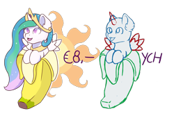 Size: 6154x4183 | Tagged: safe, artist:morrigun, princess celestia, alicorn, pegasus, pony, g4, banana, commission, crown, cute, example, eyes open, female, food, fruit, horn, jewelry, male, mare, open mouth, regalia, simple background, solo, transparent background, wings, ych example, your character here