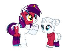 Size: 2625x1772 | Tagged: safe, alternate version, artist:idkhesoff, oc, oc only, oc:rose dust (concorded), oc:snowy falls, pony, unicorn, blank flank, clothes, duo, ear piercing, earring, female, filly, foal, freckles, heterochromia, jewelry, mare, markings, mother and child, mother and daughter, multicolored hair, piercing, raised hoof, simple background, socks, striped socks, sweater, transparent background