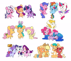 Size: 6032x5188 | Tagged: safe, artist:chub-wub, applejack, applejack (g1), firefly, fluttershy, hitch trailblazer, izzy moonbow, pinkie pie, pipp petals, posey, rainbow dash, rarity, sparkler (g1), sprout cloverleaf, sunny starscout, surprise, twilight, twilight sparkle, zipp storm, alicorn, earth pony, pegasus, pony, unicorn, g1, g4, g5, applejack's hat, chibi, cowboy hat, cute, eyes closed, female, freckles, g1 six, grin, hat, male, mane five, mane six, mare, multiple characters, one eye closed, open mouth, selfie, simple background, smiling, sprout joins the mane five, stallion, sunny and her heroine, twilight sparkle (alicorn), wall of tags, white background