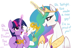 Size: 3372x2266 | Tagged: safe, artist:maren, princess celestia, twilight sparkle, alicorn, pony, g4, duo, female, glowing, glowing horn, high res, horn, levitation, magic, mare, paper, scissors, simple background, telekinesis, twilight sparkle (alicorn), white background