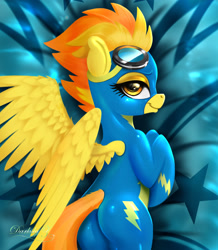 Size: 1747x2001 | Tagged: safe, artist:darksly, spitfire, pegasus, pony, g4, bedroom eyes, body pillow, body pillow design, butt, clothes, commission, cute, cutefire, dakimakura cover, female, firebutt, goggles, looking at you, mare, plot, preview, smiling, smirk, solo, uniform, wonderbolts, wonderbolts uniform