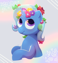 Size: 1024x1100 | Tagged: safe, artist:kukie, trixie, pony, unicorn, g4, abstract background, blushing, bust, closed mouth, cute, diatrixes, eyelashes, female, floral head wreath, flower, flower in hair, half body, hooves, horn, leaves, leaves in hair, looking up, mare, rainbow, rainbow background, signature, solo, two toned mane