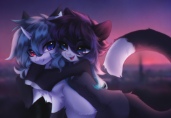 Size: 3488x2400 | Tagged: safe, artist:shenki, oc, oc only, oc:bloody sky, oc:shenki, cat, earth pony, hybrid, pony, unicorn, black mane, blue eye, cheek fluff, chest fluff, colored pupils, duo, embrace, eye contact, eyebrows, eyebrows visible through hair, eyelashes, gray mane, heterochromia, high res, horn, hug, looking at each other, looking at someone, multicolored eyes, red eye, romantic, shipping, signature, smiling, smiling at each other, two toned coat, unicorn oc