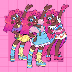 Size: 2048x2048 | Tagged: safe, artist:3ggmilky, pinkie pie, human, g4, alternate hairstyle, belt, boots, bracelet, clothes, cute, dark skin, diapinkes, dress, female, flats, gloves, high res, humanized, jewelry, leg warmers, open mouth, shirt, shoes, skirt, socks, solo, striped socks, t-shirt, tank top, wristband
