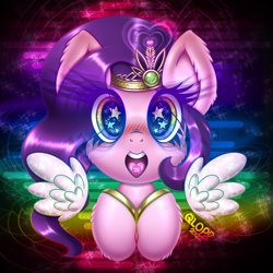 Size: 2006x2006 | Tagged: safe, artist:qlop, pipp petals, pegasus, pony, g5, abstract background, blushing, candy, drugs, eyes open, female, food, happy, high res, jewelry, mare, mdma, music, not candy, open mouth, princess, psychedelic, rainbow, rainbow background, raver, regalia, smiling, solo, starry eyes, wingding eyes