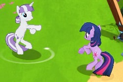 Size: 272x183 | Tagged: safe, gameloft, twilight sparkle, twilight velvet, pony, unicorn, g4, my little pony: magic princess, cute, dancing, duo, duo female, female, game screencap, gameloft shenanigans, gangnam style, mother and child, mother and daughter, ponyville, standing up, twilight sparkle's cutie mark, unicorn twilight