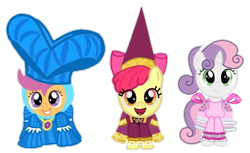 Size: 632x386 | Tagged: safe, artist:darlycatmake, apple bloom, scootaloo, sweetie belle, earth pony, pegasus, pony, unicorn, for whom the sweetie belle toils, g4, bow, clothes, cutie mark crusaders, dress, dressup, front view, hair bow, happy, hennin, looking at someone, looking at something, looking at you, looking up, medieval, open mouth, princess, princess apple bloom, show accurate, simple background, smiling, smiling at you, transparent background, wide eyes