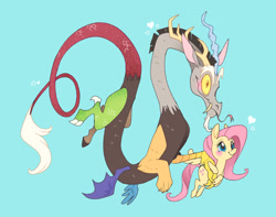 Size: 1302x1026 | Tagged: safe, artist:vergolophus, discord, fluttershy, draconequus, pegasus, pony, g4, blue background, blushing, cute, female, heart, holding hands, male, ship:discoshy, shipping, simple background, story included, straight