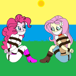 Size: 768x768 | Tagged: safe, artist:atmu, fluttershy, pinkie pie, equestria girls, g4, arm behind back, bondage, bound and gagged, cloth gag, confused, cowgirl, cowgirl outfit, duo, duo female, female, gag, help us, rope, rope bondage, ropes, tied up