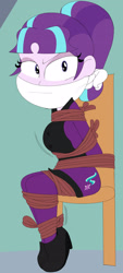 Size: 1280x2841 | Tagged: safe, artist:redstheatre, starlight glimmer, human, equestria girls, g4, angry, arm behind back, bondage, bound and gagged, cloth gag, clothes, female, gag, glare, looking at you, rope, rope bondage, s5 starlight, solo, struggling, tied hair, tied to chair, tied up