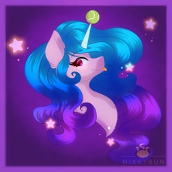 Size: 3400x3400 | Tagged: safe, artist:mikkybun, izzy moonbow, pony, unicorn, g5, ball, bust, high res, horn, hornball, izzy's tennis ball, portrait, profile, smiling, solo, tennis ball, tongue out