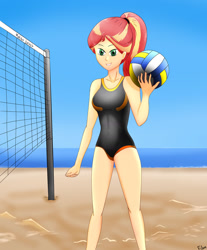 Size: 1280x1546 | Tagged: safe, artist:atmu, sunset shimmer, equestria girls, g4, beach, breasts, clothes, happy, looking at you, one-piece swimsuit, sexy, smiling, sports, swimsuit, volleyball, volleyball net