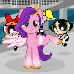 Size: 1920x1920 | Tagged: safe, artist:fiona984, artist:grapefruit-face, artist:knightmew, artist:slytherinpony, pipp petals, pegasus, pony, double rainboom, g4, g5, my little pony: a new generation, blossom (powerpuff girls), blushing, bubbles (powerpuff girls), buttercup (powerpuff girls), city, crossover, eyes closed, floating, g5 to g4, generation leap, happy, show accurate, the powerpuff girls, touching hooves, unshorn fetlocks
