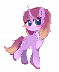 Size: 2496x3009 | Tagged: safe, artist:leo19969525, oc, oc only, pony, unicorn, blue eyes, blushing, colored hooves, cute, female, full body, high res, horn, jewelry, looking at you, ocbetes, pale belly, pendant, simple background, smiling, smiling at you, solo, tail, walking, white background