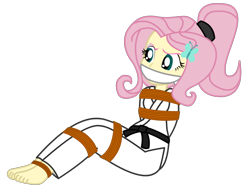 Size: 1026x779 | Tagged: safe, artist:atmu, fluttershy, equestria girls, g4, alternate hairstyle, angry, barefoot, bondage, bound and gagged, cloth gag, feet, gag, gi, glare, rope, rope bondage, simple background, solo, struggling, tied hair, tied up, transparent background