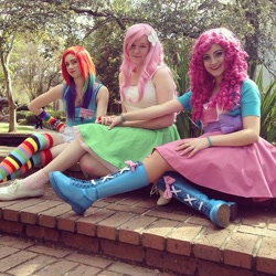 Size: 640x640 | Tagged: safe, artist:sarahndipity cosplay, fluttershy, pinkie pie, rainbow dash, human, equestria girls, g4, 2015, bare shoulders, boots, clothes, cosplay, costume, irl, irl human, multicolored hair, photo, rainbow hair, rainbow socks, shoes, sleeveless, socks, striped socks, trio