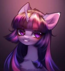 Size: 1164x1279 | Tagged: safe, artist:shenki, twilight sparkle, pony, unicorn, bust, chest fluff, colored pupils, eyebrows, eyebrows visible through hair, eyelashes, female, gradient background, horn, looking at you, mare, multicolored mane, portrait, purple eyes, signature, smiling, smiling at you, solo