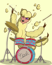 Size: 5228x6440 | Tagged: safe, artist:botckap, paprika (tfh), alpaca, them's fightin' herds, cloven hooves, community related, drum set, drums, fluffy, jumping, musical instrument, open mouth, photo, solo, text