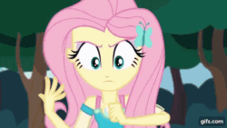 Size: 640x360 | Tagged: safe, screencap, fluttershy, bear, bird, raccoon, squirrel, equestria girls, g4, my little pony equestria girls: choose your own ending, stressed in show, stressed in show: fluttershy, animated, animation error, boots, clothes, cutie mark on clothes, female, geode of fauna, gif, gifs.com, hairpin, jewelry, magical geodes, male, necklace, open mouth, shoes