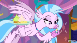 Size: 640x360 | Tagged: safe, screencap, silverstream, classical hippogriff, hippogriff, g4, season 9, she's all yak, animated, aweeg*, cupcake, eating, female, flying, food, gif, gifs.com, plate, solo, spread wings, wings