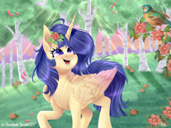 Size: 1920x1440 | Tagged: safe, artist:afterglory, oc, oc only, alicorn, bird, pony, crepuscular rays, female, flower, flower in hair, mare, offspring, parent:flash sentry, parent:twilight sparkle, parents:flashlight, petals, solo, tree