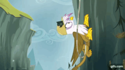 Size: 640x360 | Tagged: safe, screencap, gilda, pinkie pie, earth pony, griffon, pony, g4, season 5, the lost treasure of griffonstone, animated, duo, eyes closed, female, gif, gifs.com, helmet, mare, open mouth, spread wings, wings