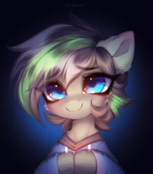 Size: 1924x2179 | Tagged: safe, artist:shenki, oc, oc only, oc:sugar pine, earth pony, pony, blue eyes, bust, cheek fluff, clothes, commission, earth pony oc, eye clipping through hair, eyebrows, eyebrows visible through hair, eyelashes, gradient background, high res, hoodie, looking at you, smiling, smiling at you, solo, two toned mane