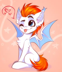 Size: 1479x1739 | Tagged: safe, artist:falafeljake, oc, oc only, oc:thenan, bat pony, pony, chest fluff, cute, male, ocbetes, one eye closed, sitting, solo, spread wings, stallion, tongue out, wings