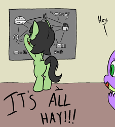 Size: 1000x1100 | Tagged: safe, artist:happy harvey, spike, oc, oc:filly anon, dragon, earth pony, pony, g4, burger, butt, chalkboard, conspiracy board, conspiracy theory, dialogue, female, filly, foal, food, french fries, hay, hay bale, hay burger, hay fries, male, phone drawing, plot, yelling