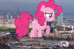 Size: 1800x1196 | Tagged: safe, artist:dashiesparkle, artist:thegiantponyfan, pinkie pie, earth pony, pony, g4, barcelona, female, giant pinkie pie, giant pony, giant/macro earth pony, giantess, highrise ponies, irl, macro, mare, mega giant, photo, ponies in real life, raised hoof, smiling, solo, spain
