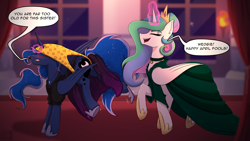 Size: 3840x2160 | Tagged: safe, artist:alicetriestodraw, princess celestia, princess luna, alicorn, pony, g4, april fools, april fools 2022, april fools joke, atomic wedgie, blushing, canterlot castle, clothes, dress, evening, female, glowing, glowing horn, high res, horn, magic, royal sisters, siblings, sisters, speech bubble, telekinesis, trollestia, wedgie