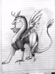 Size: 1536x2048 | Tagged: safe, artist:nocknom, discord, draconequus, g4, antlers, beard, eyebrows, facial hair, fangs, lined paper, long neck, male, monochrome, realistic, solo, spanish description, tail, traditional art, wings