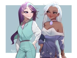 Size: 1080x827 | Tagged: safe, artist:kopi_lps, starlight glimmer, trixie, human, g4, bare shoulders, blushing, bracelet, choker, clothes, cute, dark skin, diatrixes, dress, duo, duo female, female, humanized, jewelry, necktie, simple background, smiling, smirk, suit